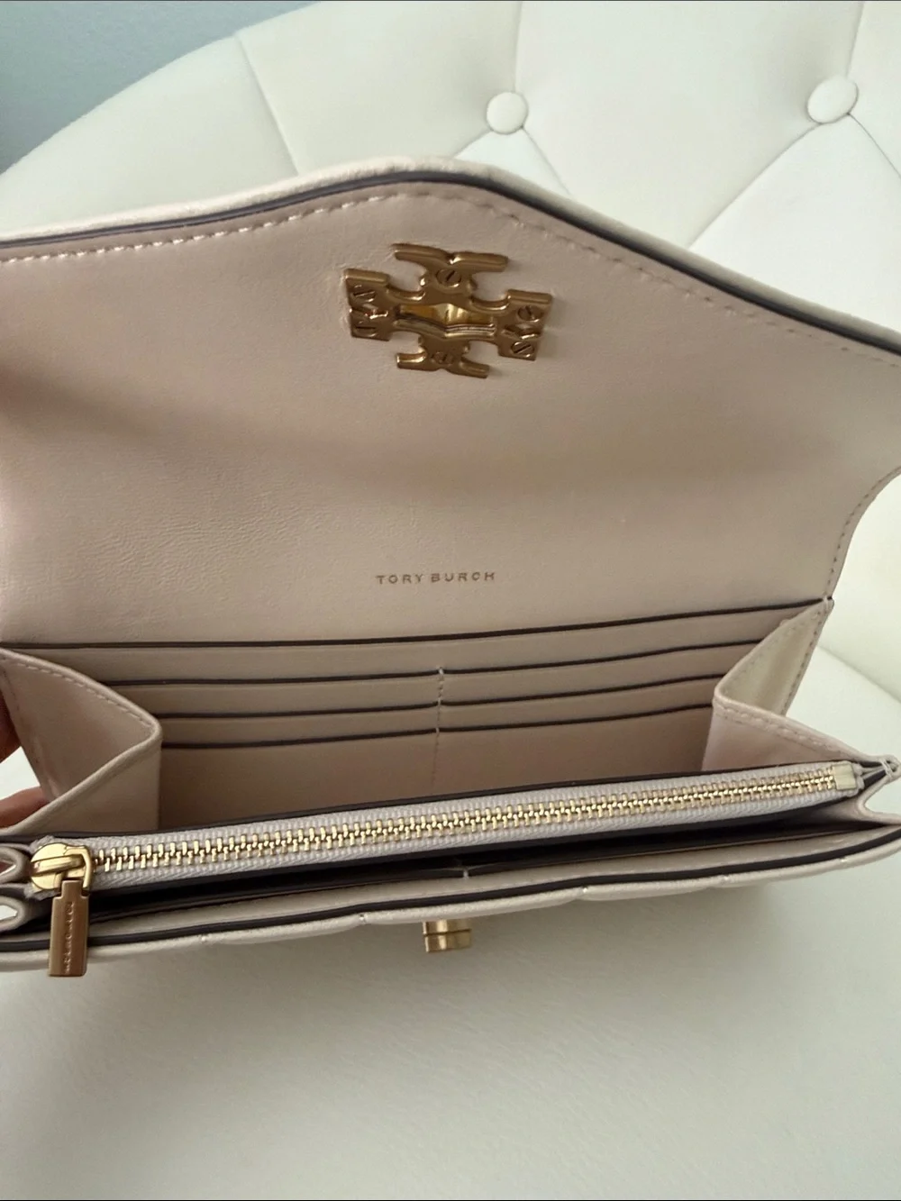 Tory Burch Kira Quilted Envelope Leather  Wallet with turn lock close in Cream